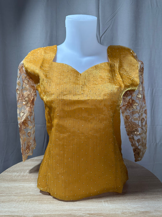 Body organza avec manches dentelle doré