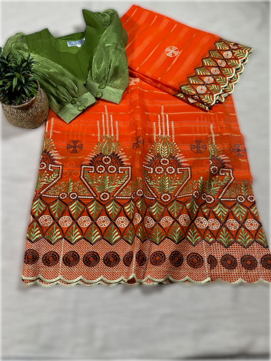 Salouva orange avec motif marron foncé, vert et blanc