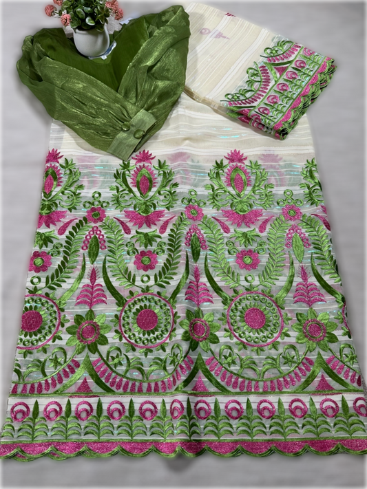 Salouva blanc cassé avec motif vert et rose