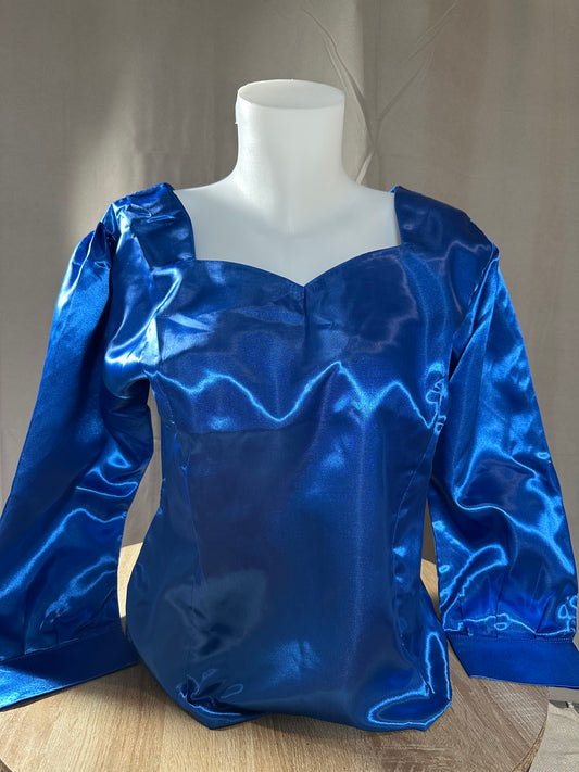 Body satin bleu taille XL (manches bouffantes + longues)