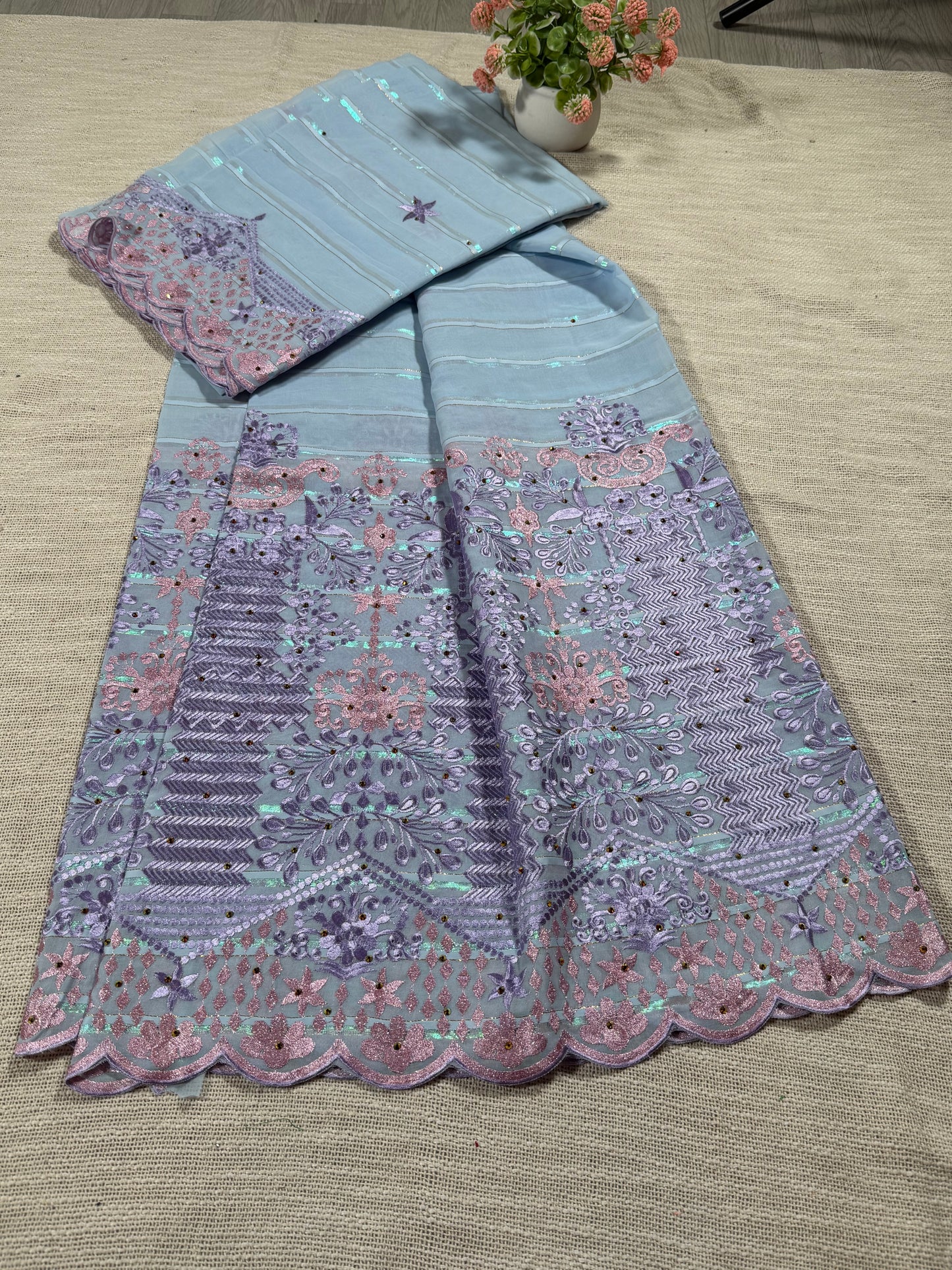 Salouva bleu + motif rose / violet