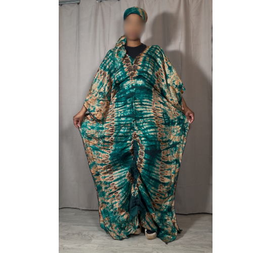 Robe boubou beige et bleu turquoise + bandana à attacher